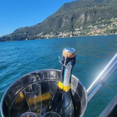Hand holds ice bucket with champagne bottle and glasses on a boat, with blue water and mountainous shoreline in view.