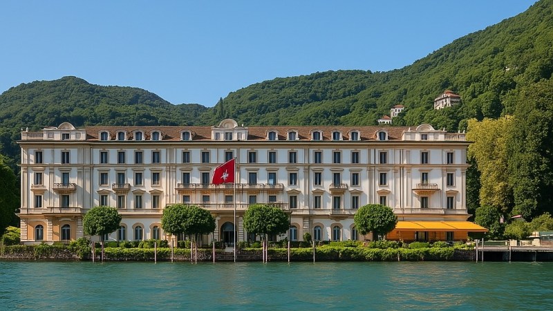 Elegant lakeside hotel with red flag, surrounded by green hills under a clear blue sky.