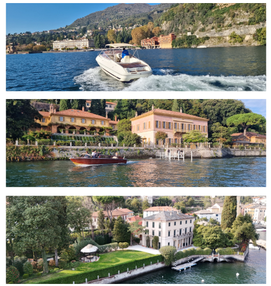 Collage of boats and lakeside houses with mountains in the background.