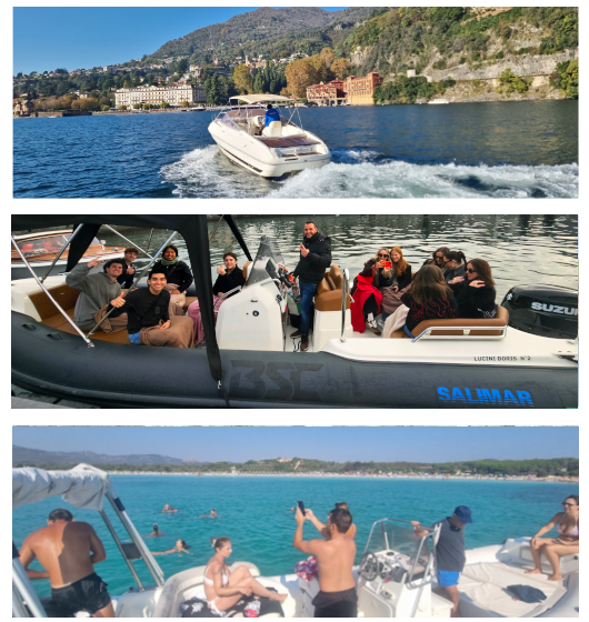 Three images of people on boats: cruising, seated on a speedboat, and preparing to swim in Cala Brandinchi.